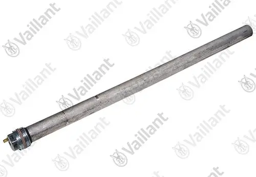 Vaillant-Anode aus Metall mit Gewinde. Langer zylindrischer Körper, ein Ende mit Anschluss und Dichtung. Geeignet für Heizungsanlagen.